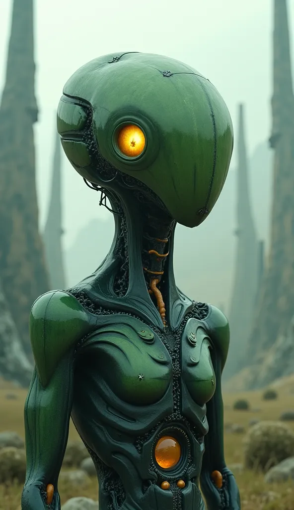 A humanoid bitter melon with a head that resembles male genitalia. sci-fi image