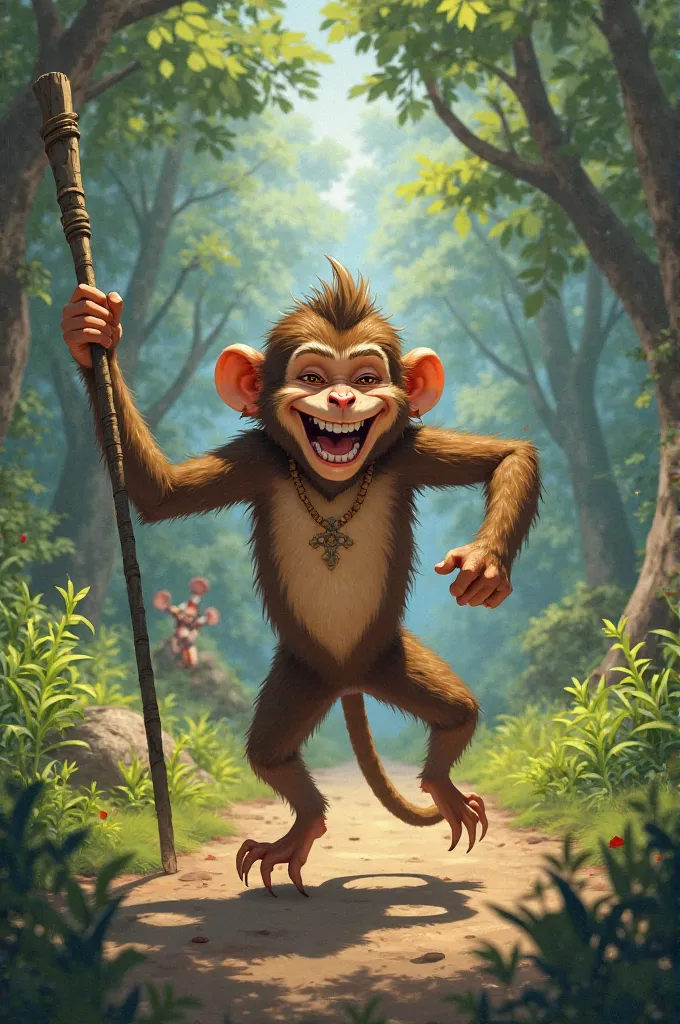 Bholu’s Cruel Prank – A mischievous monkey, Bholu, instead of helping Gaura, picks up a long stick and chases her away while laughing at her misery.
