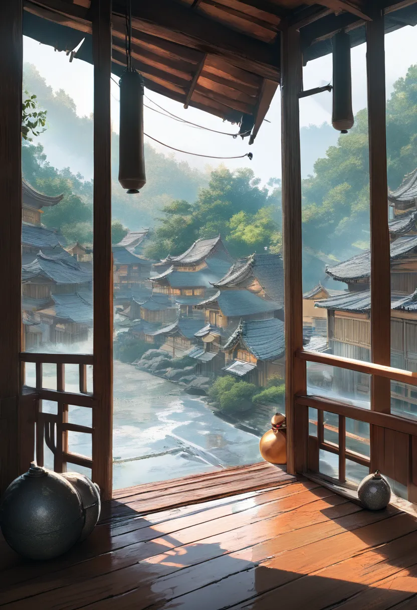 best quality, A gourd sitting on the veranda of a Japanese house, impossible situation, beautiful scenes, panorama view, magnificent view, god々like, absurdres, 8k, detailed rainy day, mainnamebg, Background, anime, scenery