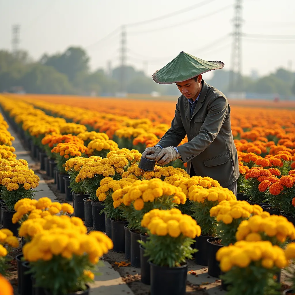 Sadec Flower Village — Muun Hue Rang
A vast flower field with thousands of pots of golden chrysanthemums, persimmon, marigolds showing their colors. Farmer in a trouser suit,  wearing a leaf cone , tending each flower pot in the light sun.