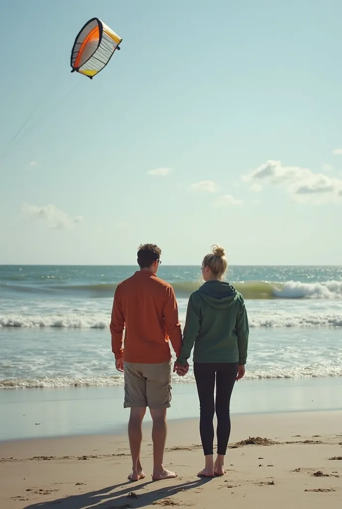 there are two people standing on the beach with a kite, a picture by Tom Wänerstrand, reddit, video art, in the beach, at a beach, standing at the beach, at the beach, posing on the beach, on a beach, close-up shot from behind, posing on a beach with the o...