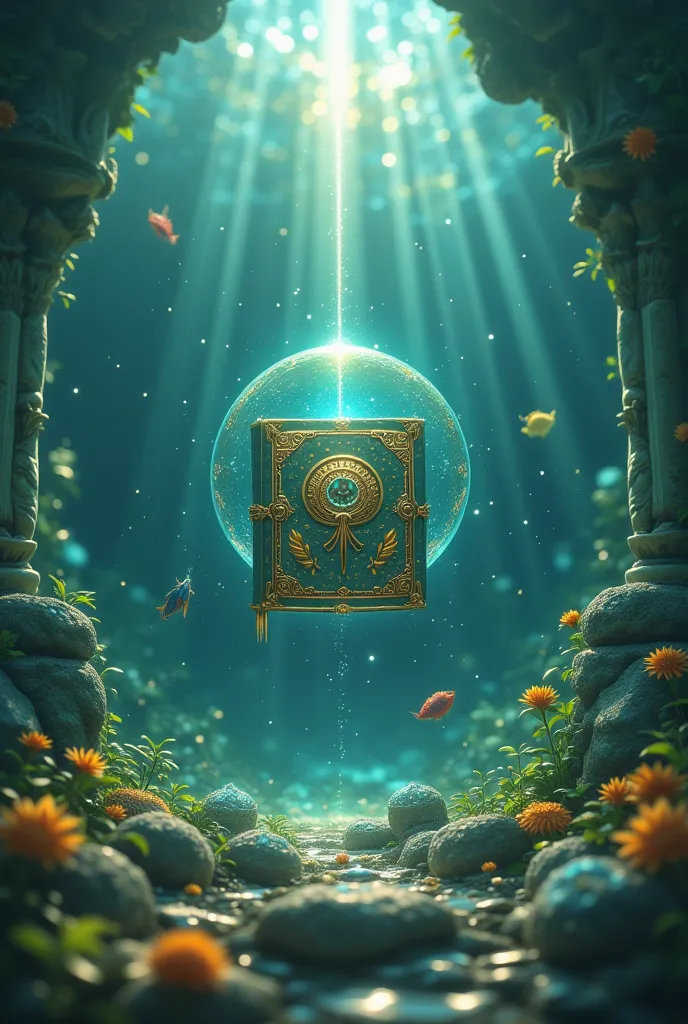 Mysterious underwater ruins，The sun shines through the surface of the sea， forms a pillar of light 。In the heart of the ruins，A huge sealed ancient book suspended in the water，tightly surrounded by magical air，forming a transparent bubble。（Sealed Old Books...