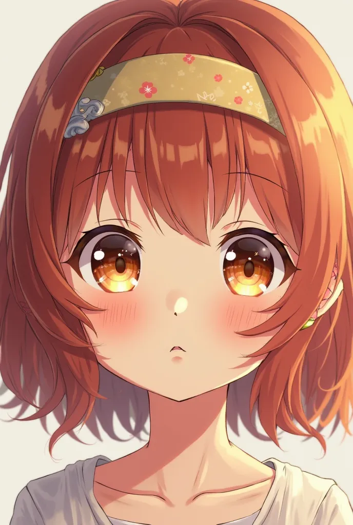 Anime style girl with big beautiful honey-colored eyes and wavy and well-groomed hair with a cute fringe and adorable headbands, Reddish brown hair that is kind and sweet 