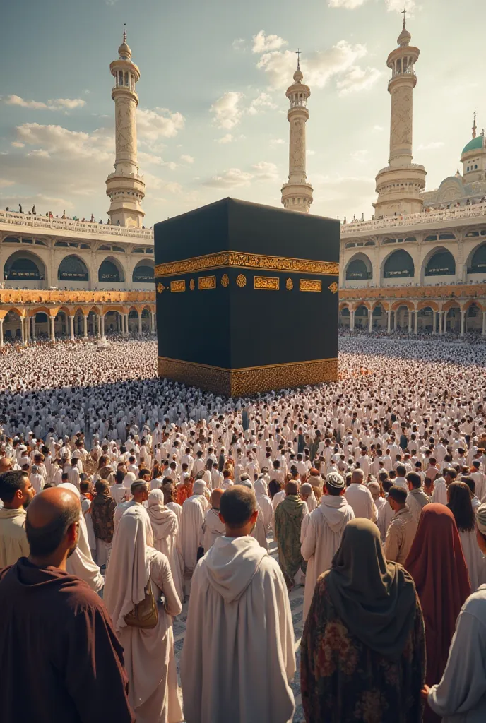 People are standing around the Ka'bah, praying, raising their hands and supplicating