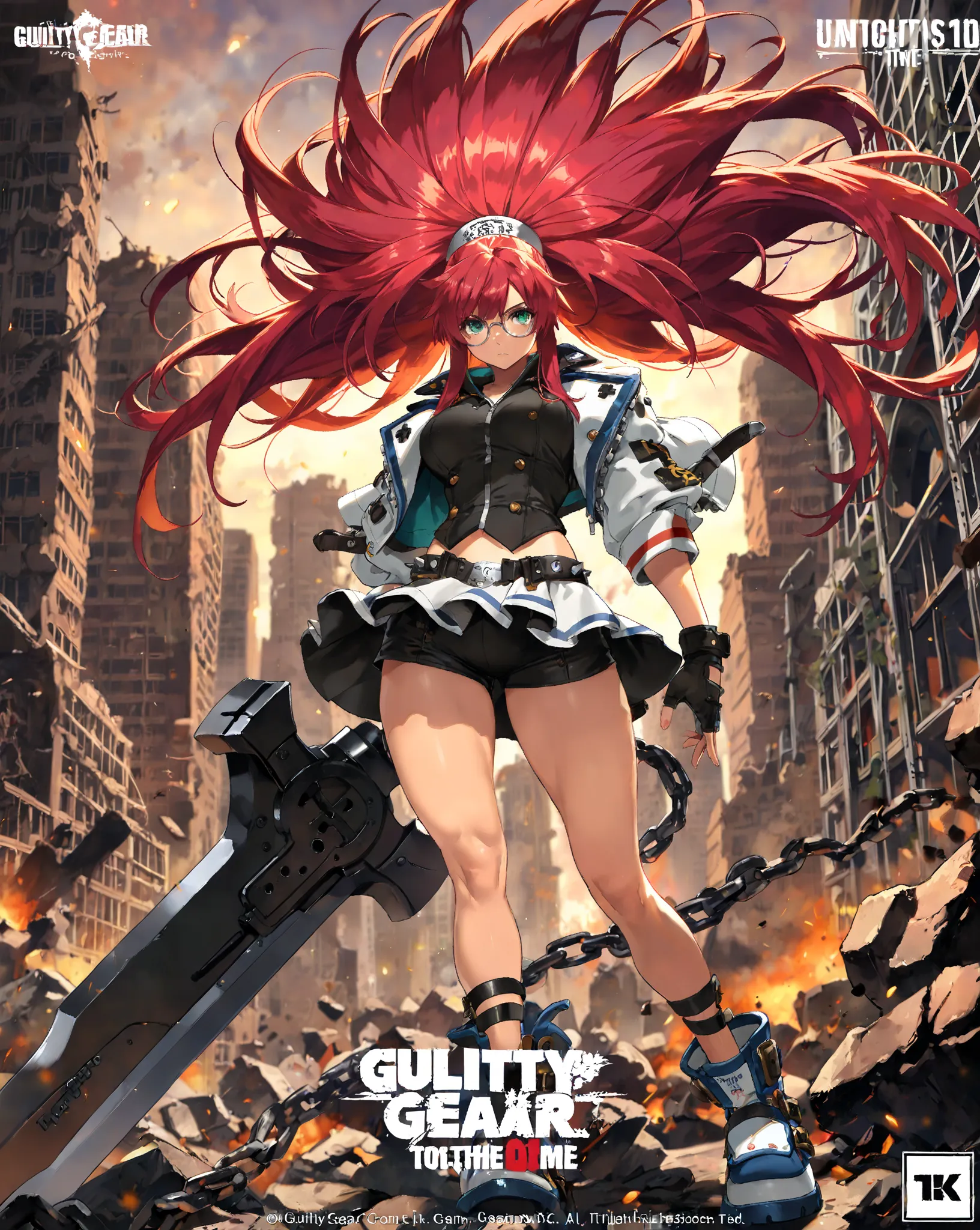 4K, Game's Cover, Guilty Gear Strive Style, 1 girl, solo, chains around her, extreme large Long Messy hair, purple colored hair, big bosom, buxom, jacket (with impressive details), shirt, spiked belt (large),  skirt, undershorts, spiked boots, holding a Ve...