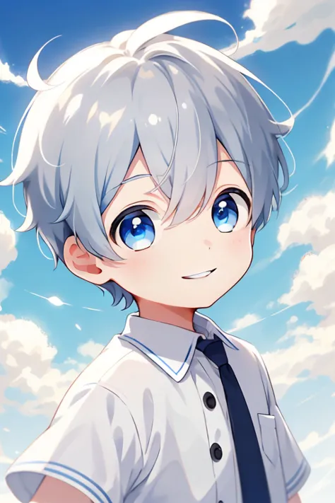 1boys，Solo, sportrait，whaite hair, short detailed hair, eBlue eyes, Hair between both eyes, Blue sky，The cloudy，ssmile，white backgrounid，clean backdrop