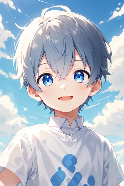 1boys，Solo, sportrait，whaite hair, short detailed hair, eBlue eyes, Hair between both eyes, Blue sky，The cloudy，ssmile，white backgrounid，clean backdrop