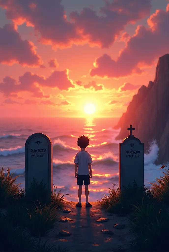 back view of one boy between two graves on a cliff in front of the sea during sunset