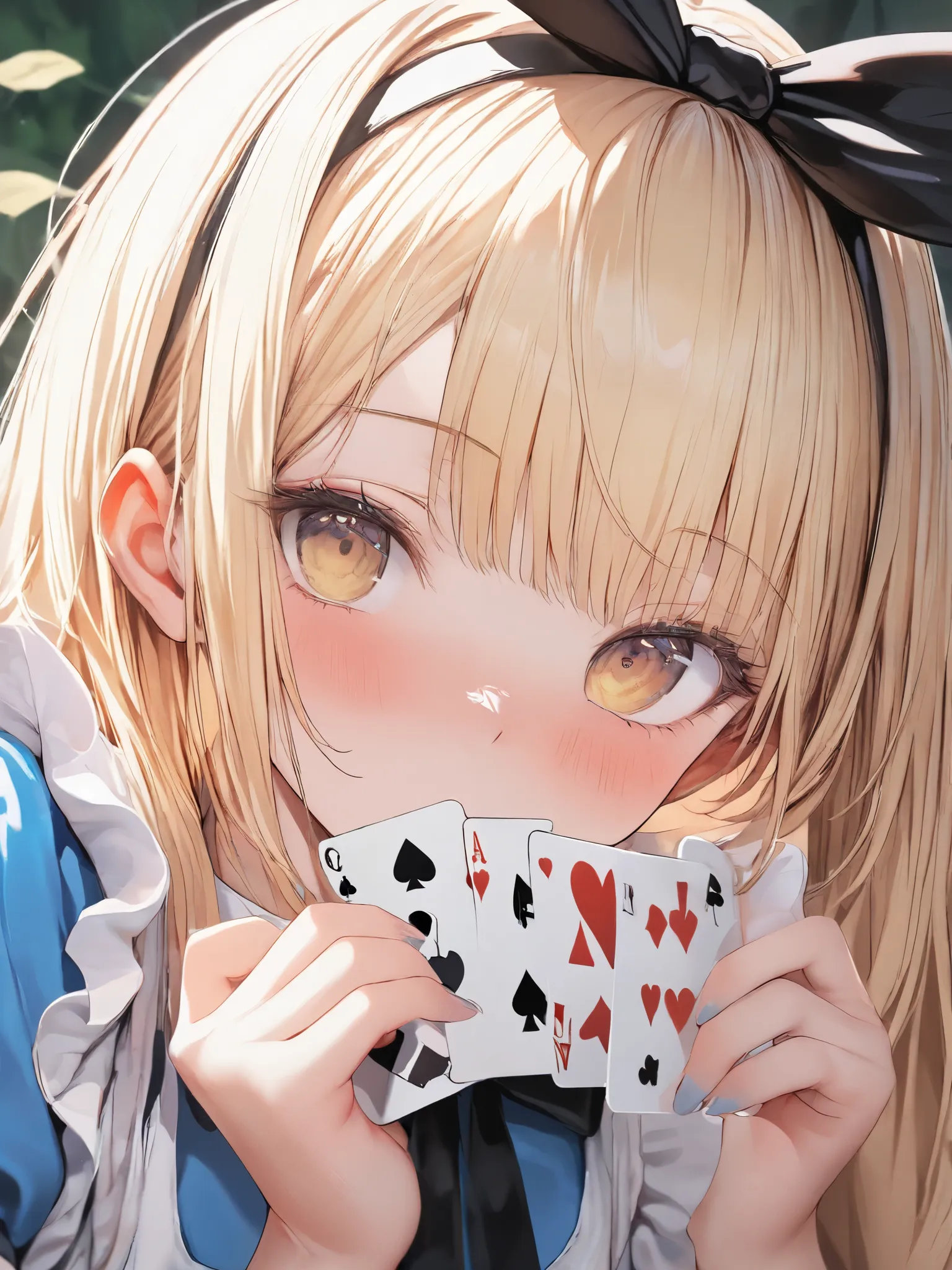 (Alice in Wonderland:1.3),   cute girl, background is clock and playing cards, head band, Ultra High Definition, close-up , High Resolution, NSFW,