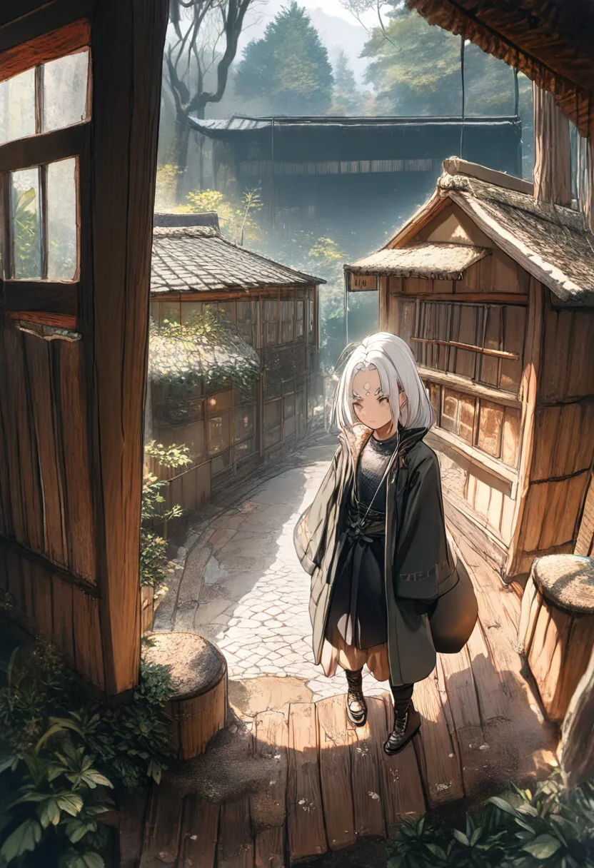 absurdres, 8k, detailed rainy day, best quality, (Japanese vagabond girl with detailed white hair and short thick eyebrows having 瓢箪 at old Japanese hut:1.3), beautiful scenes, panorama view, magnificent view, god々like, 