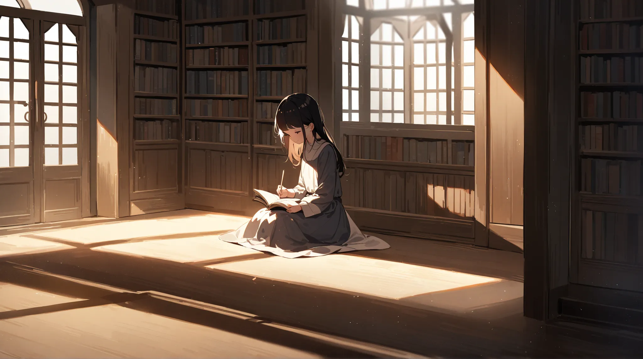 A young girl sitting by the window in a quiet library, carefully underlining text in an open book. Sunlight filters through the tall windows, casting long shadows on the wooden floor. The sound of rustling pages and a faint ticking clock fills the peaceful...