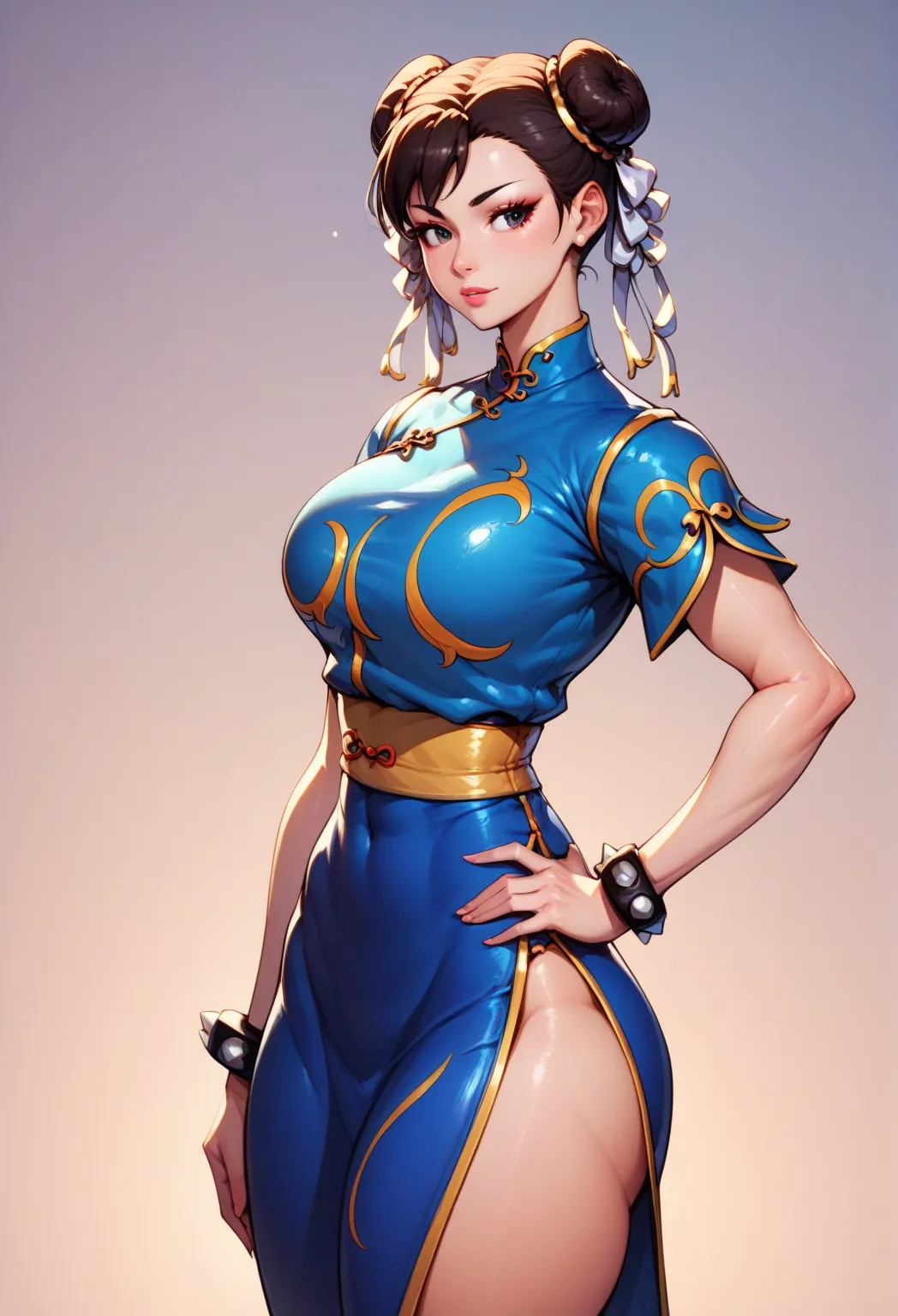 safe_pos, score_9, score_8_up, score_7_up, score_6_up, 1girl, chun-li, 2buns, anime,  big breasts, standing, hand band, big ass, cowboy shot, hand on hip, looking to the side, china clothes qipao, blue clothes
