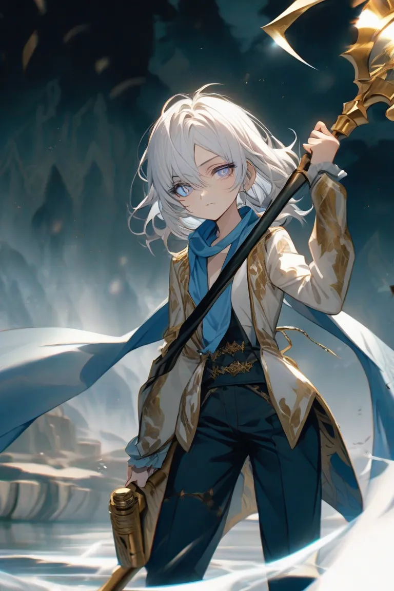 Amy stardust age 16 white hair left eye iris light blue right eye iris Golden wears a light blue scarf around his neck wields his scythe and a gun around his waist his pupils are cracked like river gender female  looks like a  alone in the image 