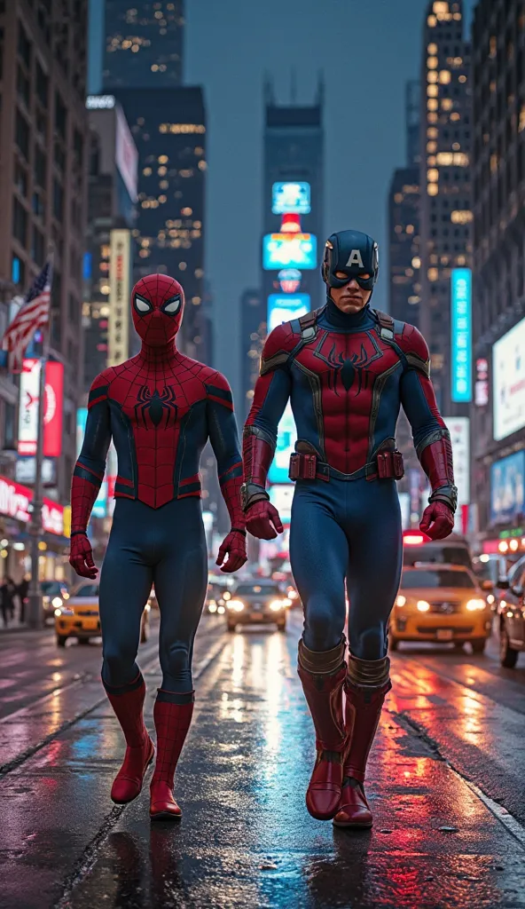 A dynamic scene of Spider-Man and Captain America walking through the bustling streets of New York City at night. The city lights glow, traffic moves in the background, and the two superheroes are alert, looking for trouble.