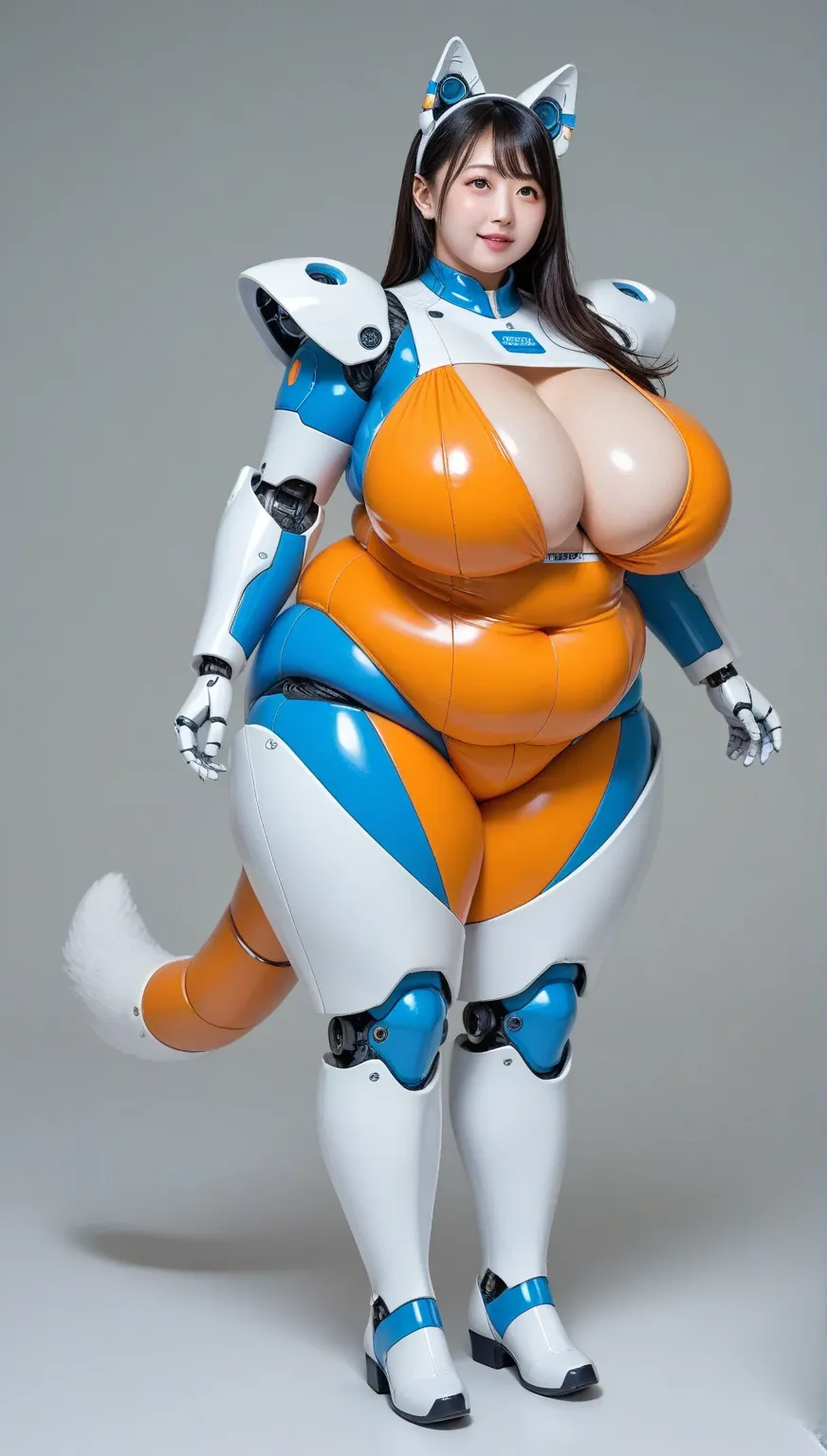 female android, Machine fox ear black hair,A dark room surrounded by machines,full bodyが厚いハーネスで拘束されています,plump,A little thick,,White and blue robot suit, Robotic arms and legs ,Wearing boots,big breasts,dilated breasts,Enlarged breasts,Obese Breasts,Tail of...