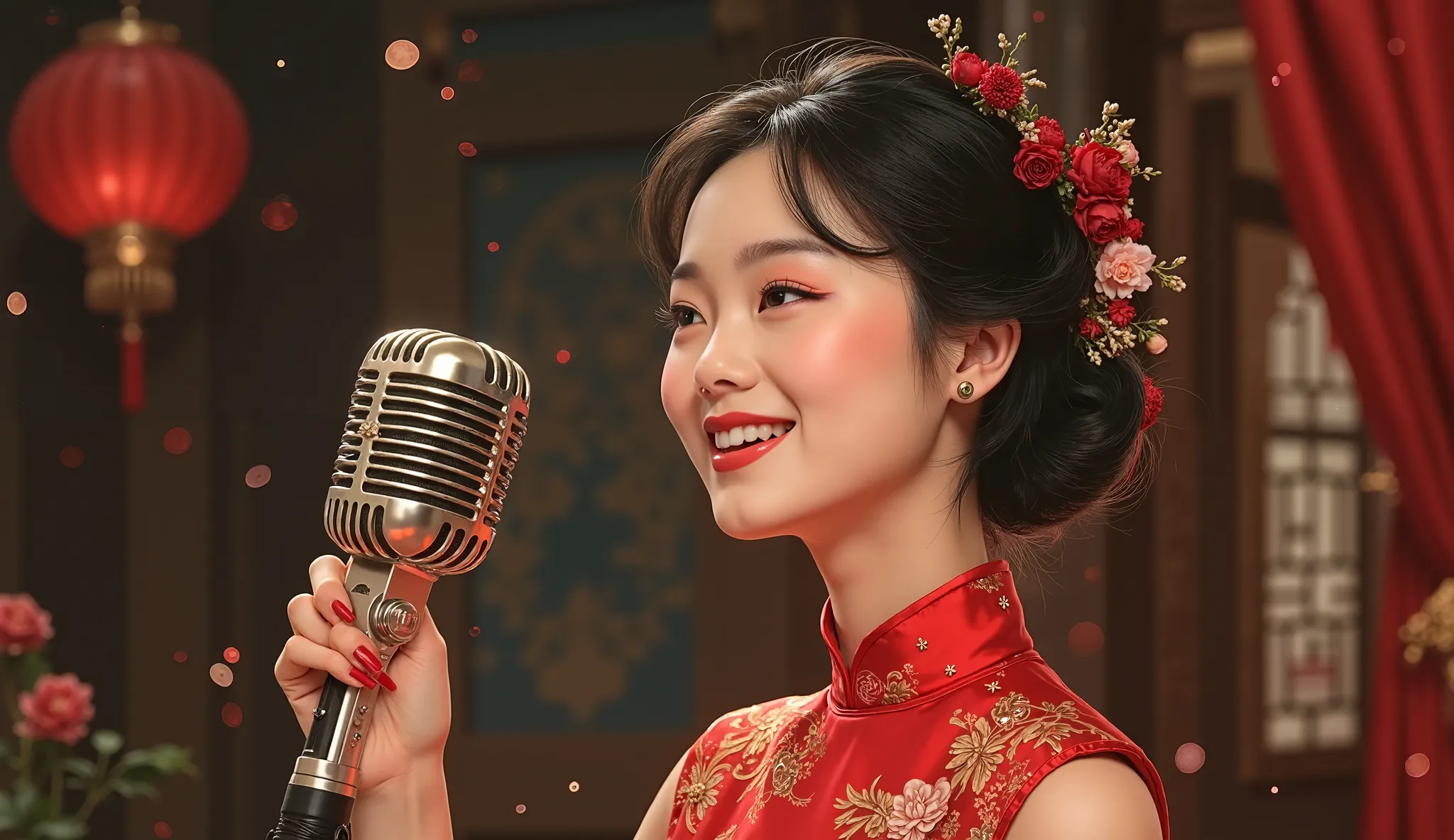 create a girl wearing a red colour cheongsam singing with a 50s microhphone 