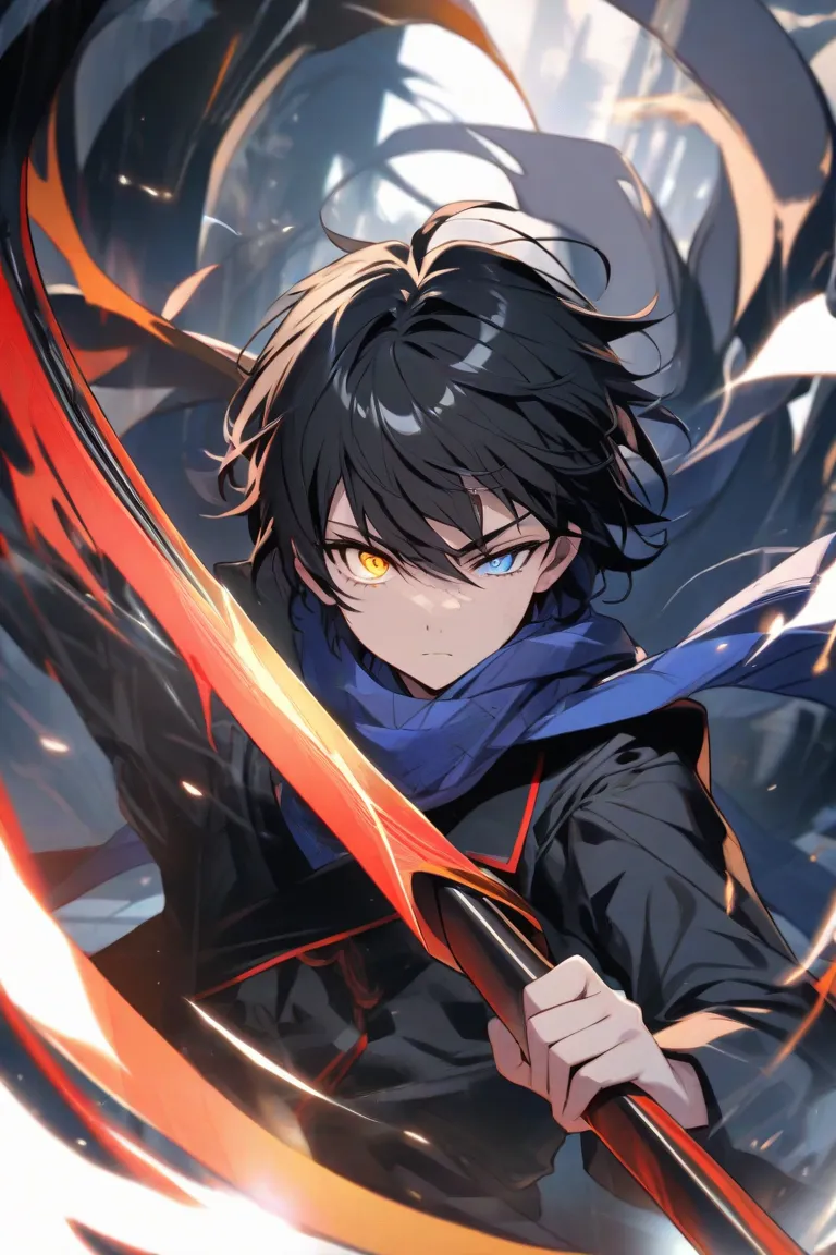 Age 16 black hair with a red streak in the middle right eye Iris/pupil golden left eye iris/pupil cracked and black wears a light blue scarf around his neck wields a scythe 