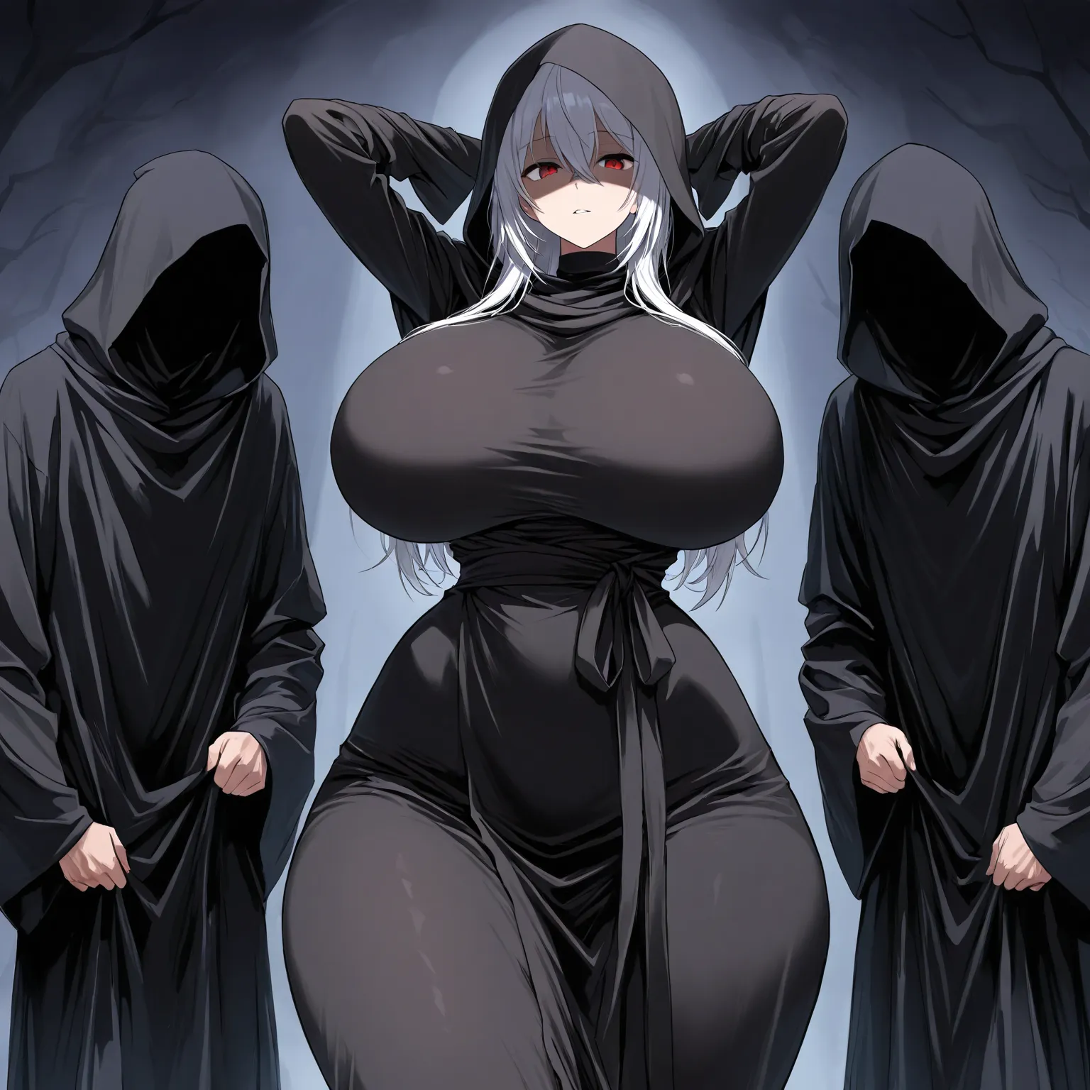 score_9, score_8_superior, score_7_superior, full color, woman(huge breasts, wide hips, hooded black robe, grim reaper robe, dark shaded face, hiding the whole face, standing, wriggled, arms up, hands behind of head