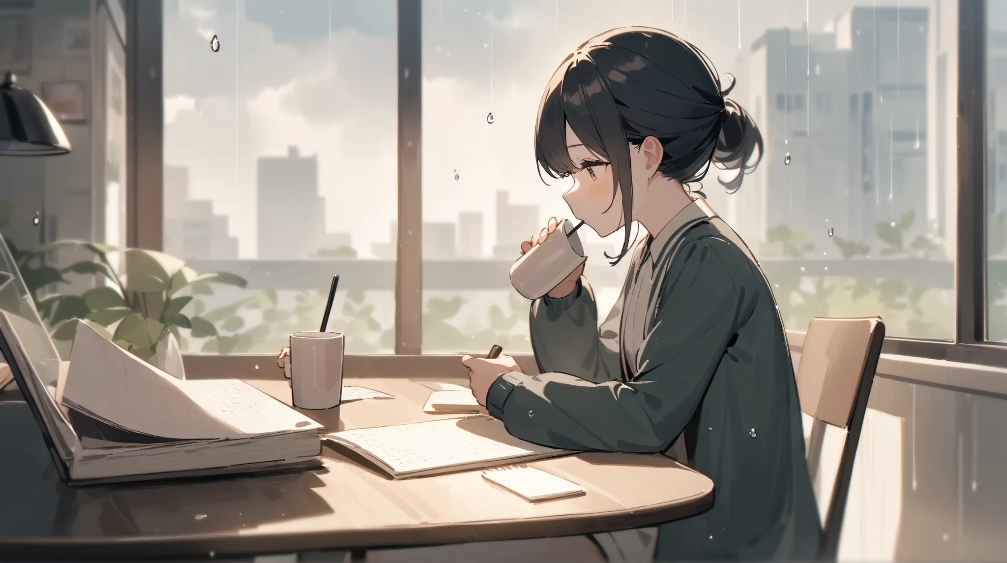 A young girl sitting at a small café table near the window, jotting down notes in a notebook while sipping on a hot drink. Raindrops gently streak the glass, and the muted sounds of distant chatter and soft jazz music blend with the rhythmic tapping of the...