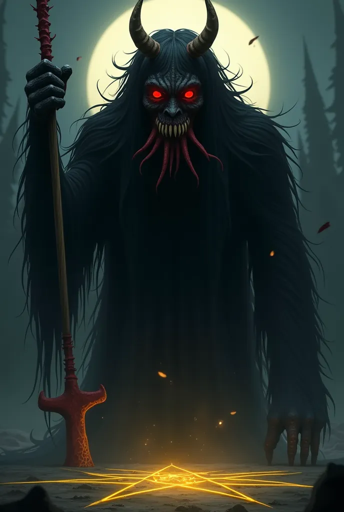 an enormous demon with black hair, hair ornament, red eyes, very long hair, toys, Oni mask with fangs coming out of the place where the mouth should be and short tentacles coming out of the eye opening
It is a gigantic club with red thorns that is being dr...