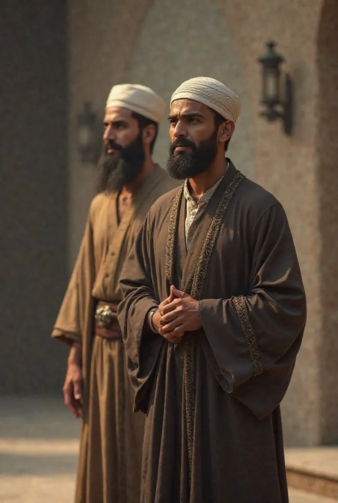 Two Muslim brother where traditional dress and cap front and back the back person seeing first person and lught