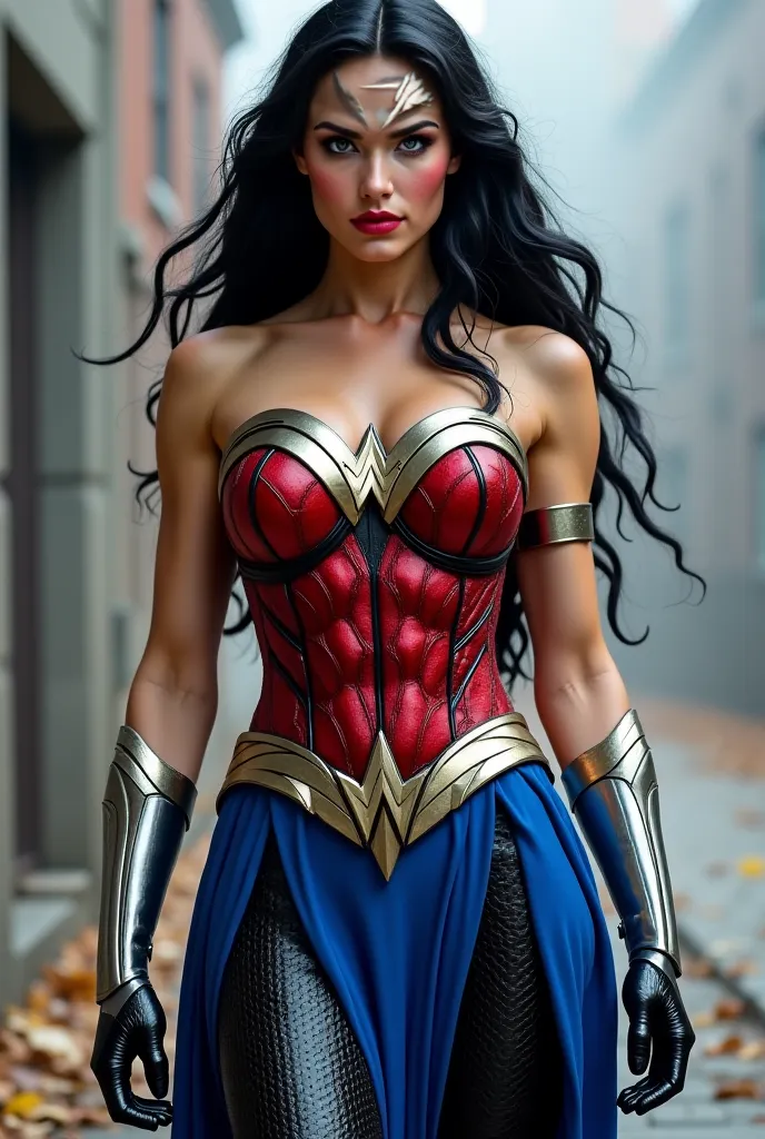 (((Symbiote fused with Spiderman Wonder Woman ))),((( A beautiful woman with long black hair under the mantle of the Amazon warrior Wonder Woman))),((( Wonder Woman emblem on her chest))),(((red corset))),(((Long black boots up to her knees))),(((royal blu...