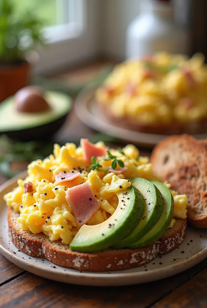 a breakfast that has Scrambled eggs with ham, wholemeal bread and sliced avocado 