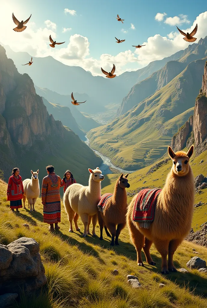 Peruvian hills with llama and alpacas with doves with the Peruvian flag on their beak and Peruvians wearing very Peruvian and indigenous clothing