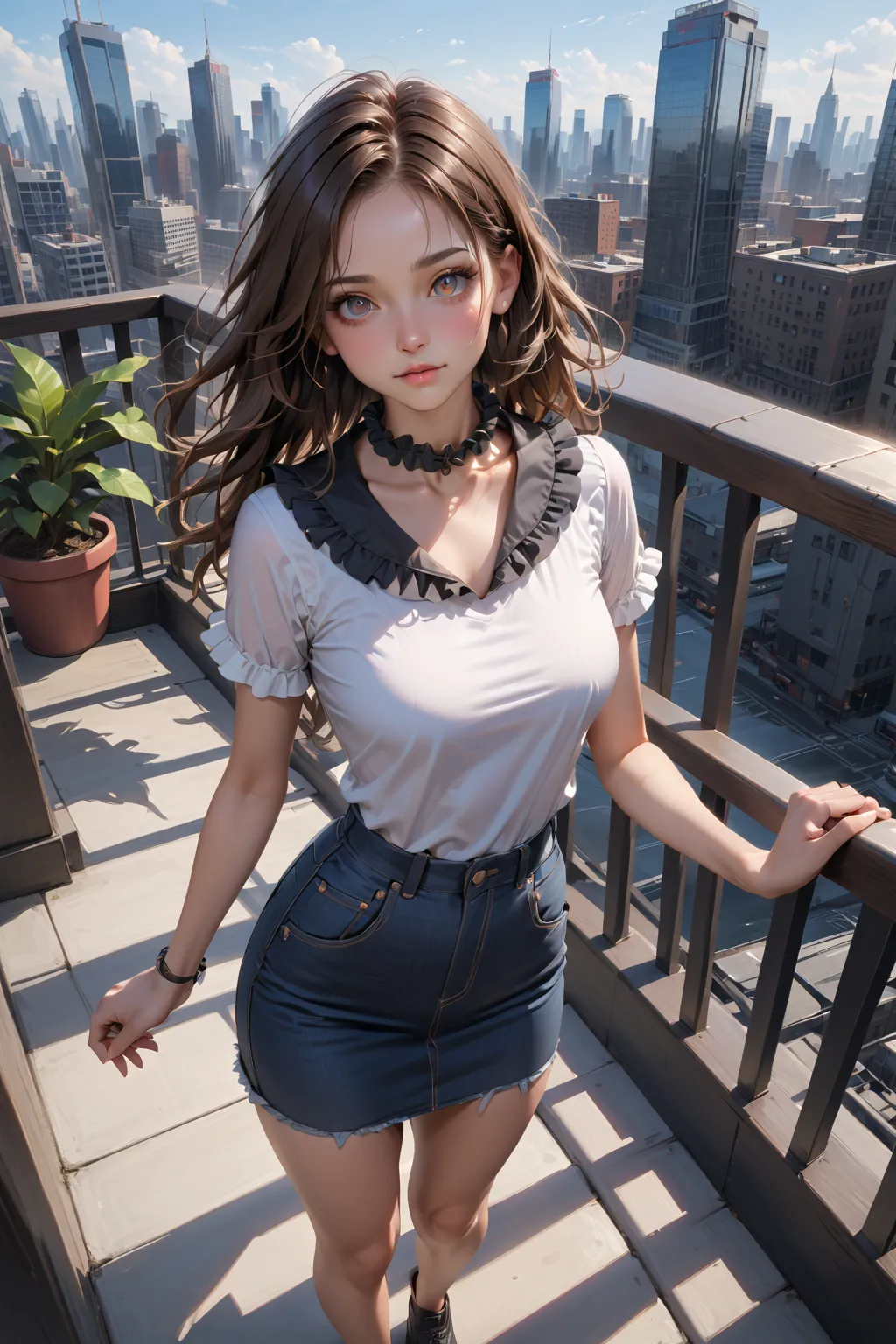 pretty young woman, standing posed near deck railing, mini garden, skyscraper on background, (holding a smartphone, carrying bag), BREAK, {forehead, long wavy hair, dark-brown hair, side-parted hair}, BREAK, ((white short sleeves deep round neck shirt (+ru...