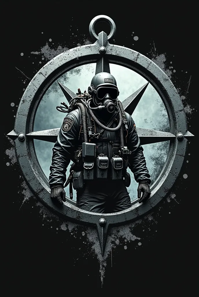 A black t-shirt design, a grey compass in the middle, a combat diver coming out of the compass. Sea mine at the back of the compass