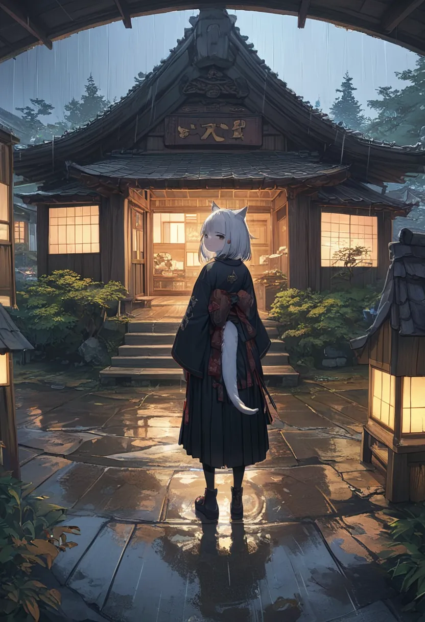 absurdres, 8k, detailed background, rainy night, best quality, (Japanese vagabond girl with detailed white hair and white short thick eyebrows at old Japanese hut:1.3), detailed blunt bang, single oneside plaid tail, beautiful scenes, panorama view, magnif...