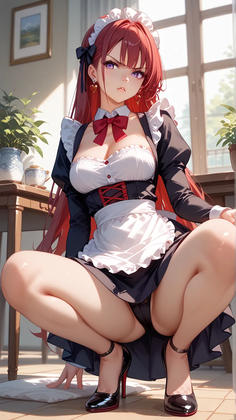 Alone, 1 woman、masterpiece、top quality、anime touch、dynamic pose、 holding katana、 maid cafe、 glaring、 red long hair、 purple eyes、black maid outfit、 Black high heels、earrings、make-up、Red、slender、medium breasts