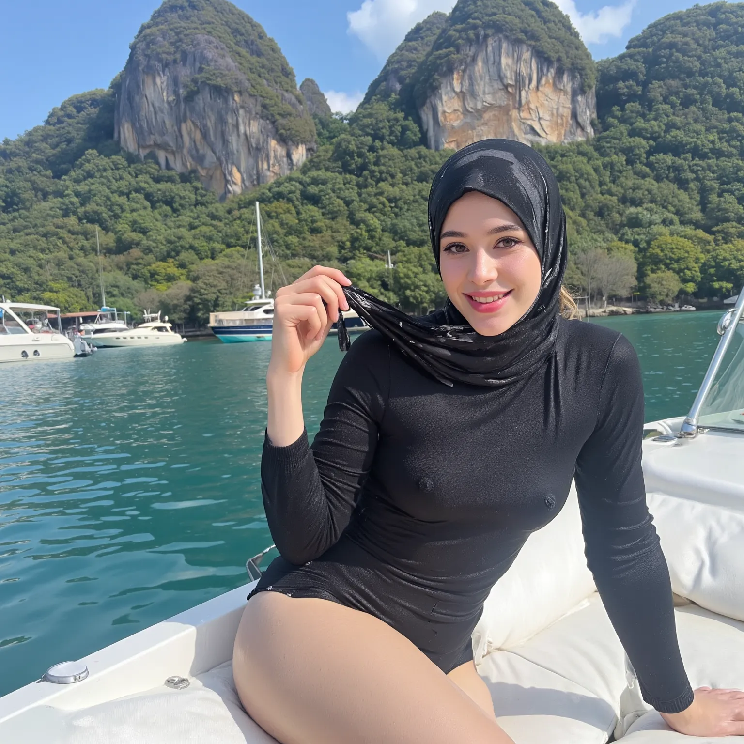 Cameltoe pussy, A stunning young woman with a fit physique wearing a hijab sleek, form-fitting black burkini with black pantyhose, designed with stylish details that subtly accentuate her curves. She sits gracefully on a boat, her pose confident and alluri...