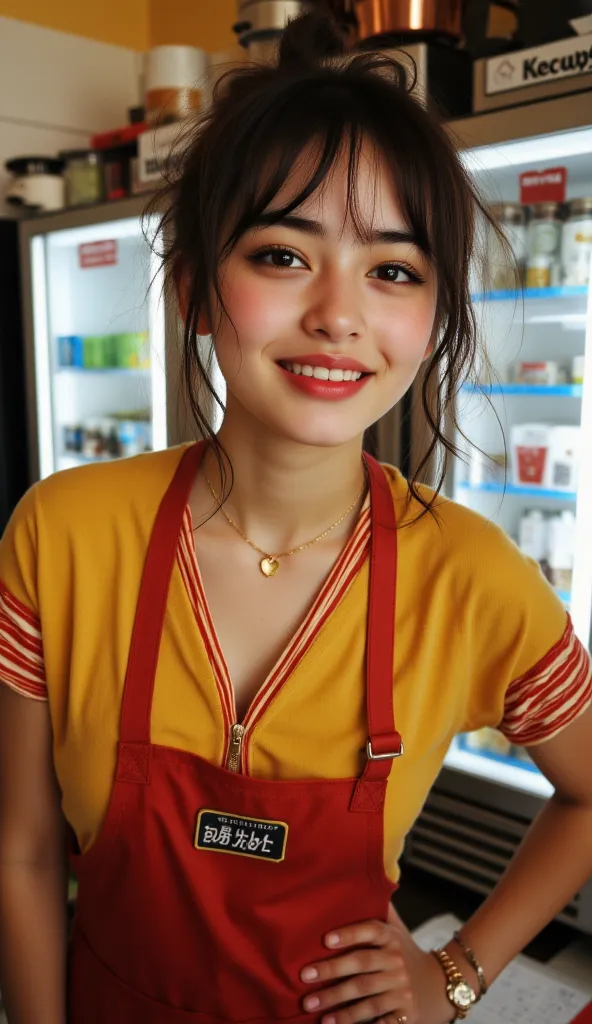 8k, Masterpiece, Top Quality, Close-up,  woman, waitress, mustard-yellow, shirt, red, stripes, sleeves, apron, zippered, nametag, necklaces, gold, pendant, heart-shaped, bracelet, rings, dark, eyebrows, red, lipstick, eyeshadow, brown, hair, curls, shoulde...