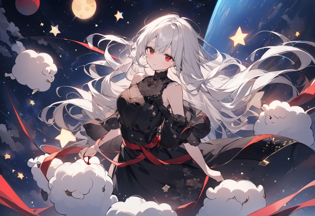 Mysterious sheep drifting through space、Fluffy、white haired red eyed woman in a black dress、The woman is holding her head、Travels to many stars