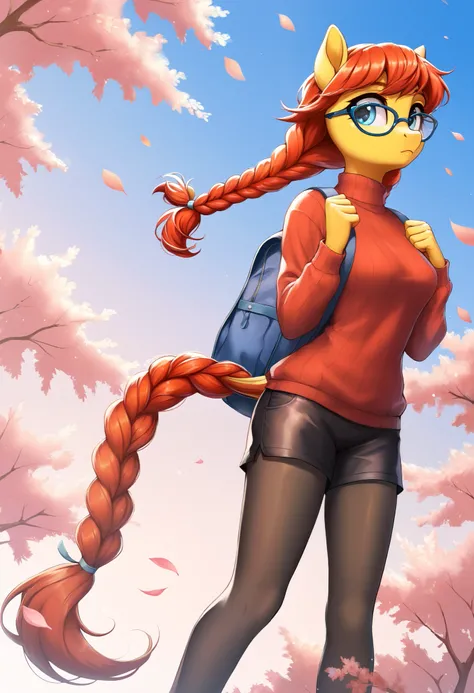 score_9, score_8_up, score_7_up, score_6_up, score_5_up, Anthropomorphic character, anthro_pony girl, cute, anime, pony, (red hair, blowing in the wind:1.3, medium length hair, loose braided style), (((braided horse tail))), yellow fur, fluffy fur, (long l...