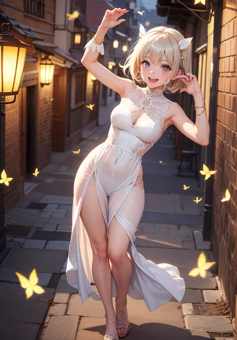 A cheerful and lively anime girl with sparkling, excited eyes and an infectious smile full of pure joy. Her silky, short white hair bounces slightly as she moves, adding to her playful charm. Her fair, translucent skin glows softly, almost like porcelain, ...