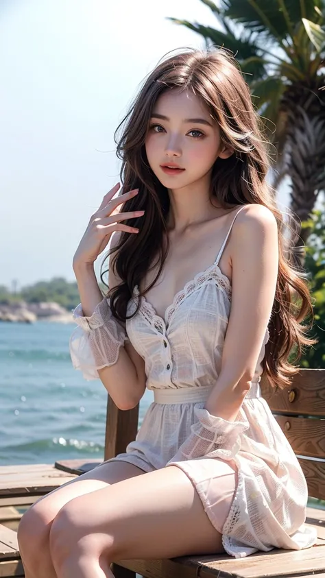 colorful hair, Colorful Eyes, pink lips、white, , Brilliant Color, whiteいレースのドレス, , simple background, ray tracing, wave hair、long hair、 is placed on the palm、   in a small bottle sitting on the palm of your hand、 fantasy、