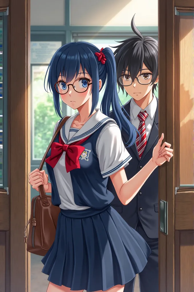 This is an anime-style painting featuring two characters in Japanese student uniforms. The image is full of realistic details and shadows, with the following main elements:

1.  Female Character ( hat in front)

She has long blue hair, tied in a side ponyt...