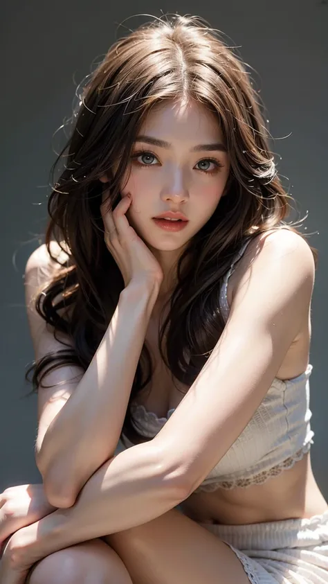 colorful hair, Colorful Eyes, pink lips、white, , Brilliant Color, whiteいレースのドレス, , simple background, ray tracing, wave hair、long hair、 It is placed in the palm of your hand、   in a small bottle sitting on the palm of your hand、 fantasy、