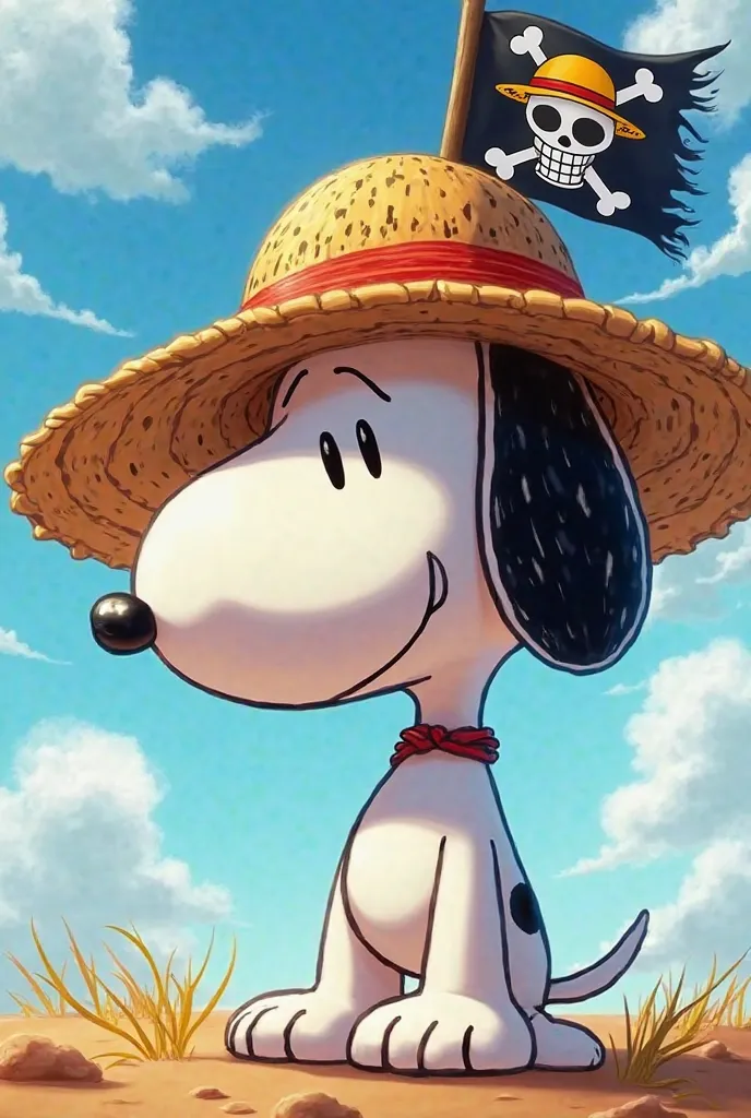 Animated Snoopy character with Luffy's straw hat and Onepiece logo 