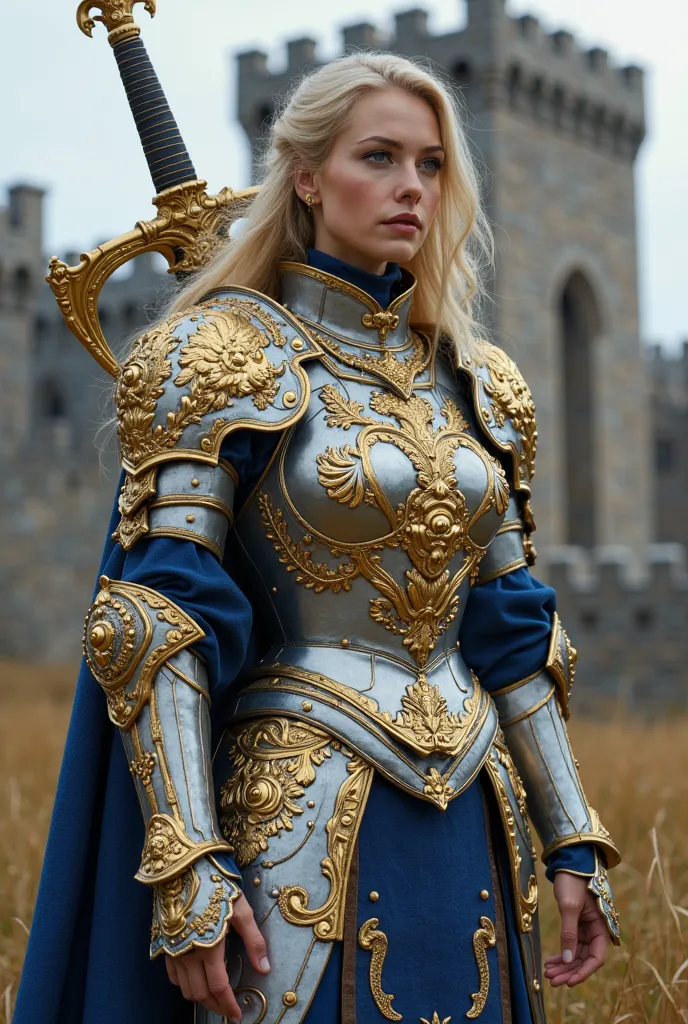 a female paladin wearing elaborate gold, silver and blue lion plate armor. She has a greatsword on her back. Medieval stone castle in the background.