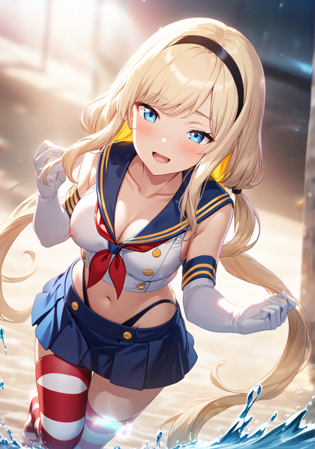 1 girl, Game CG, 

shallow depth of field, a portrait with a soft Gaussian blurred background, creating a dreamy atmosphere, focus on face, dutch angle, full-body shot, from bellow, looking down to viewer,
 
standing, leaning back, leg up, seductive smile,...