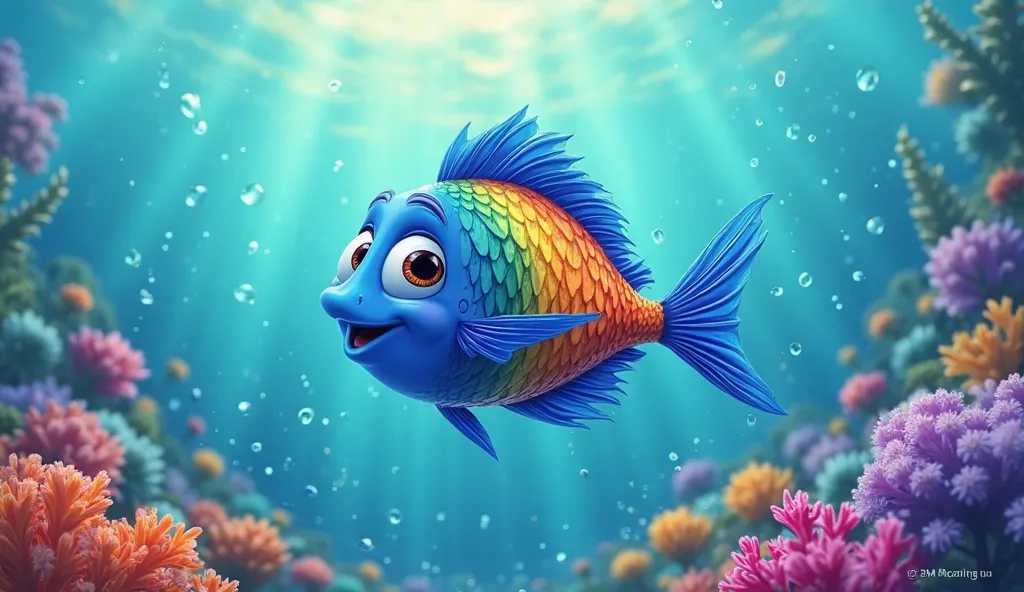 Soon, the Rainbow Fish had only a few shiny scales left, but now he was surrounded by friends. They all played together, laughed, and had fun. He finally understood what true happiness was—not in his beauty but in sharing and making others happy. in cartoo...