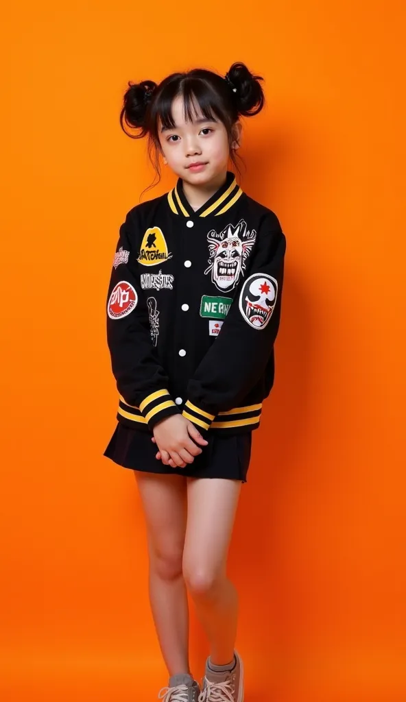 A young woman with dark hair styled in two buns stands against a vibrant orange backdrop. She wears a black varsity jacket adorned with various patches and designs, including a prominent, stylized monster face on the right side of her chest and abstract gr...