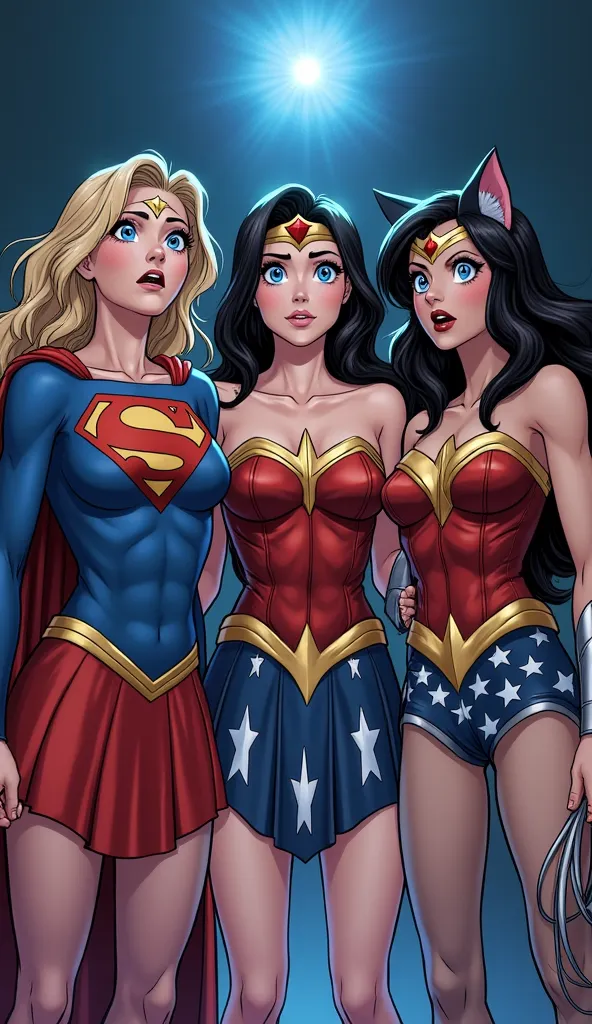 "Three girls—Supergirl, Wonder Woman, and Catgirl—stand together, their eyes wide with shock and disbelief. Supergirl’s cape flutters as she clenches her fists, Wonder Woman grips her lasso tightly, and Catgirl’s ears perk up, her tail frozen mid-sway. A m...