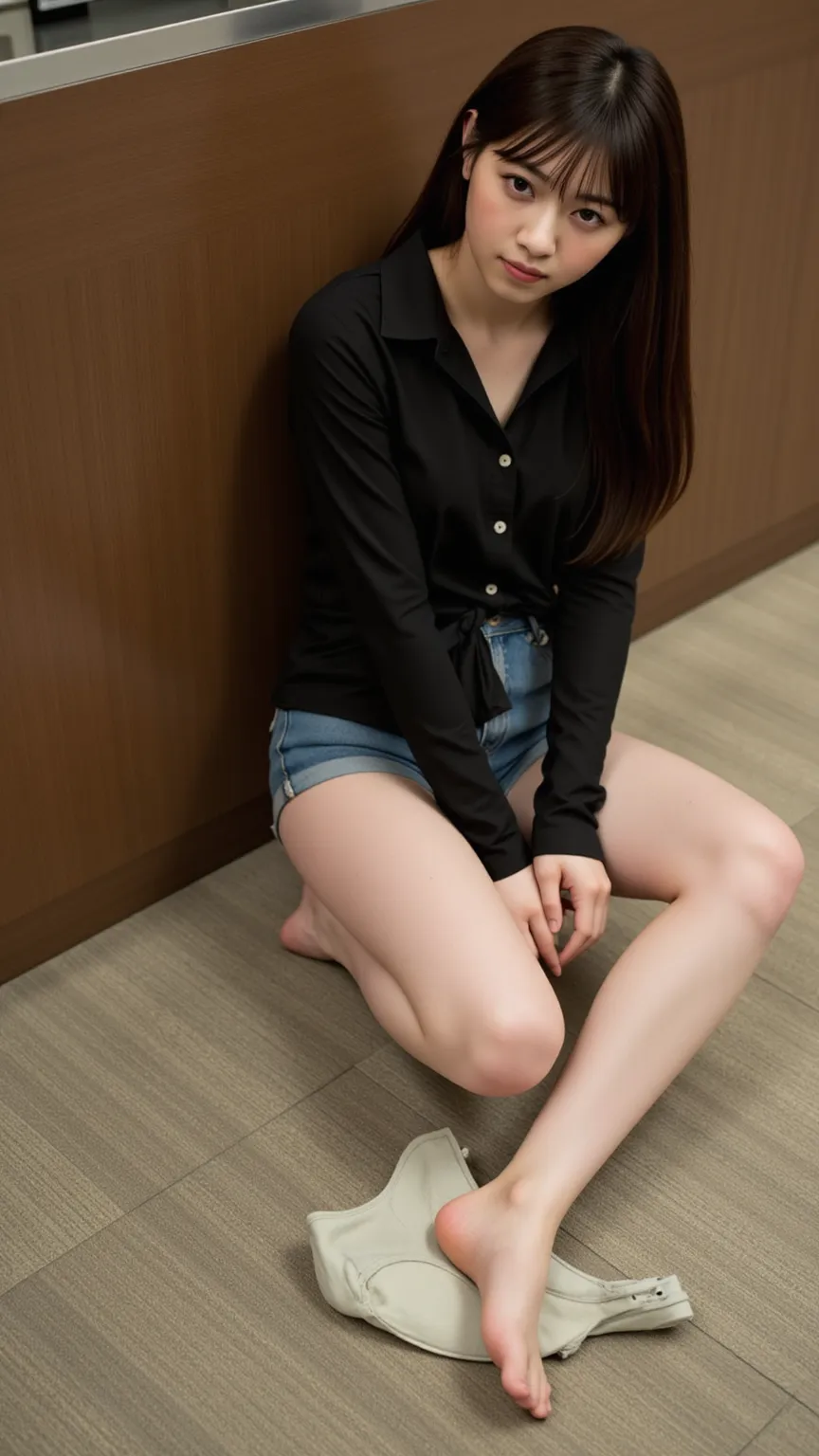 n nude、bare feet、
A woman who closed her mouth。At the foot of the hotel reception counter
nude,crawl on all fours（standing on all fours）
sitting on the floor
There is a shirt folded beside it
The white bra and shorts are unfolded and placed
、Shoot from sid...