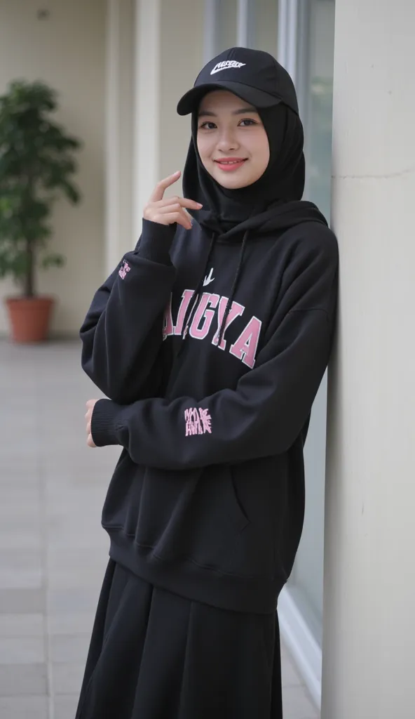 Muslimah looking at viewer hijab black, topi baseball black logo name "AISYA", baggy hoodie sweater dark pink  logo name " AISYA❤ 🐼", black long skirt, berdiri ,Background blur, smile, Aesthetic vibes, Nike white shoes, High Resolution, kulit putih, wajah ...