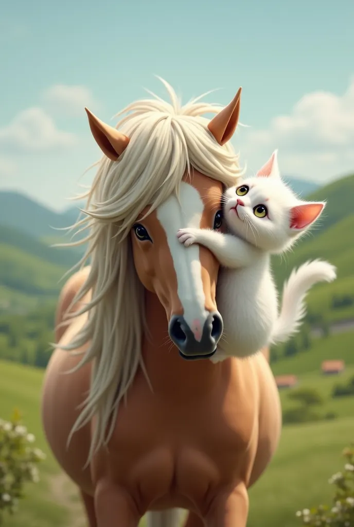 A white cat clinging to a horse’s mane, looking like it deeply regrets its decisions.