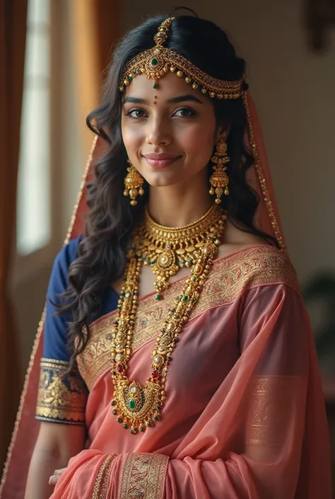A young woman, likely radha, is portrayed in a traditional Indian  style.  She is positioned slightly off-center to the left of the frame, and is oriented directly facing the viewer.  Her expression is serene and graceful, with a gentle smile.  She has dar...